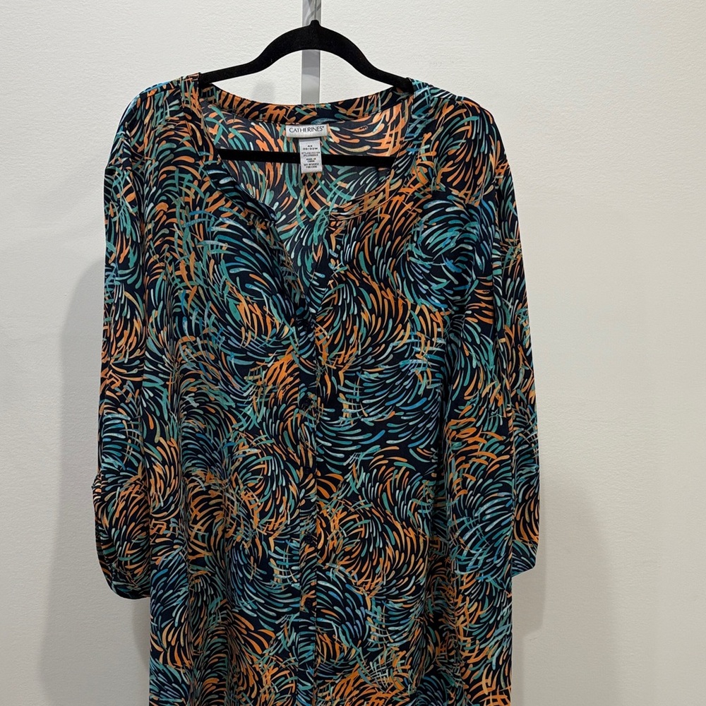 Catherines Swirl Pattern Green Orange Women Size 4X Blouse Shirt 3/4 Sleeve